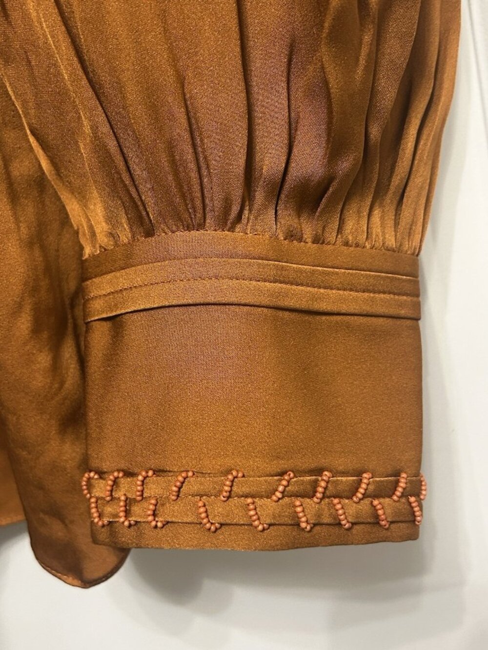 Kobi Halperin Shirt Medium Silk Stretch Beaded Peasant Blouse Burnt Orange Beads - Picture 12 of 16